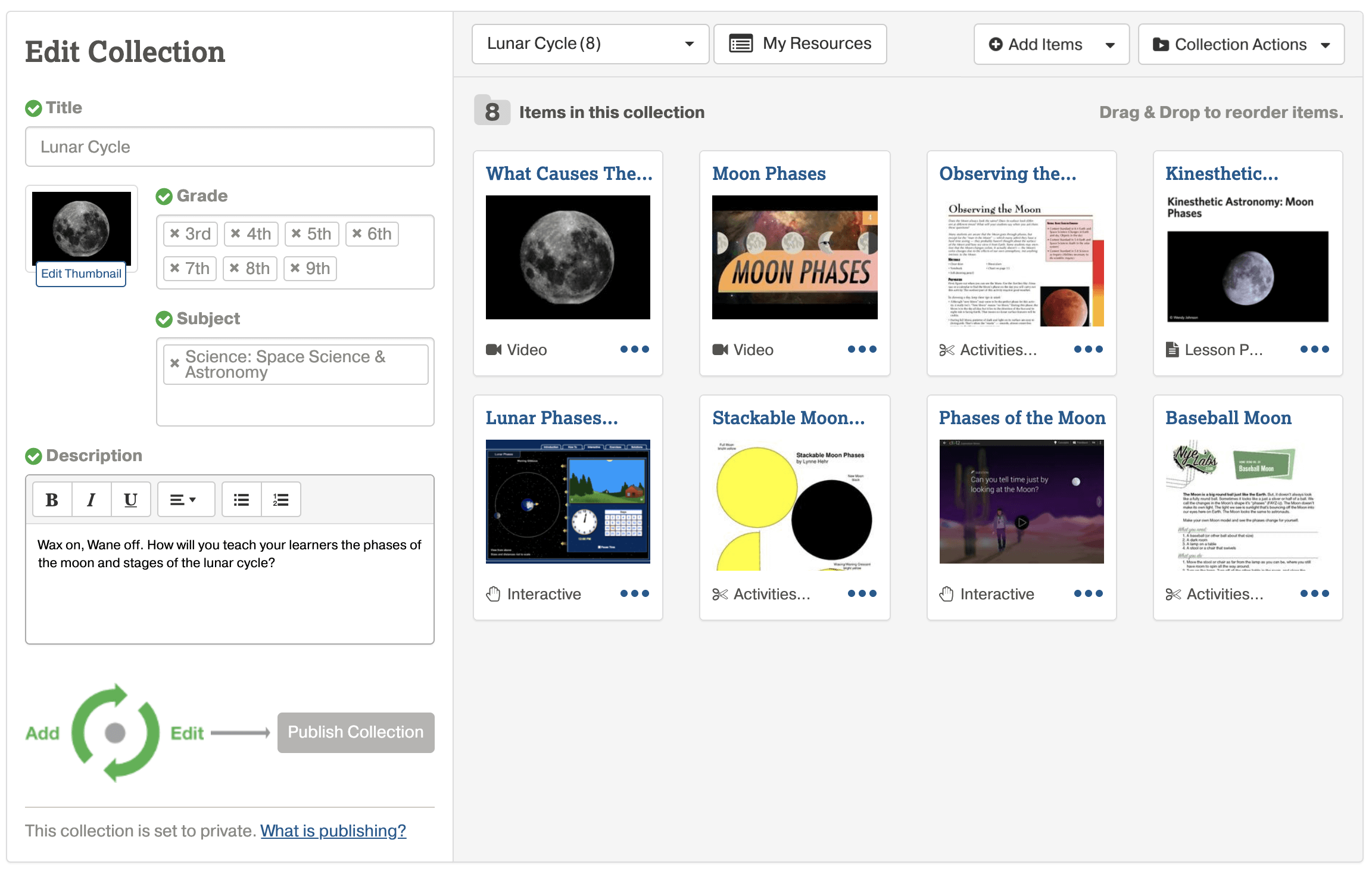 Lunar cycle collection in the Collection Editor